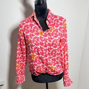 Nimbu orange pink white Floral Button-Up long sleeves Top blouse women’s shirt S